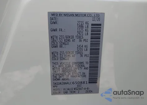 2020 Nissan Pathfinder Sv 2Wd z USA, uszkodzony, nr VIN 5N1DR2BN4LC650881